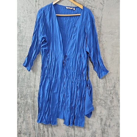 Soft Surroundings Women's XL Blue Tie Duster crinkle pleats with bag lightweight - Picture 1 of 11